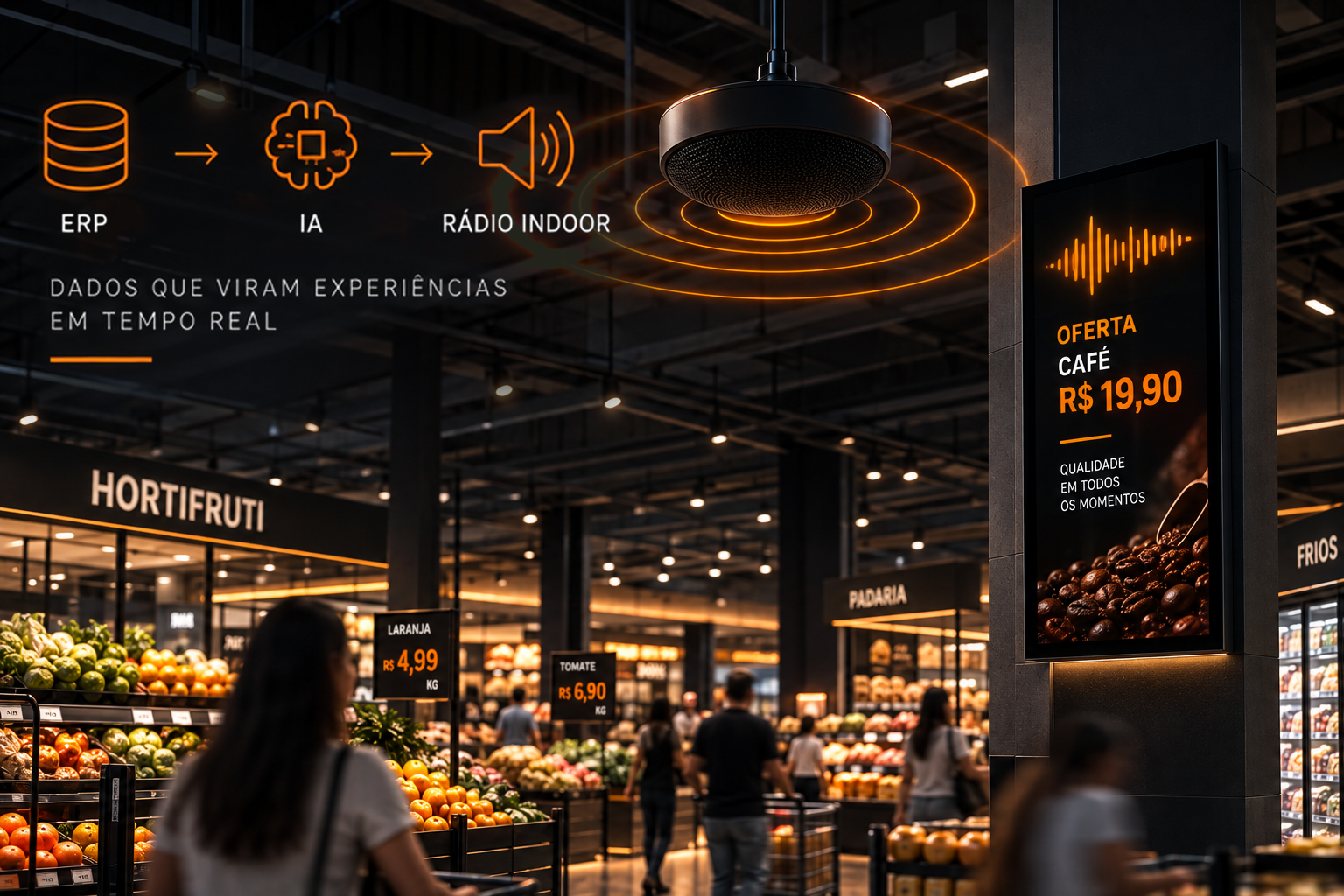 Rádio indoor de supermercado com promoções em áudio geradas a partir do ERP