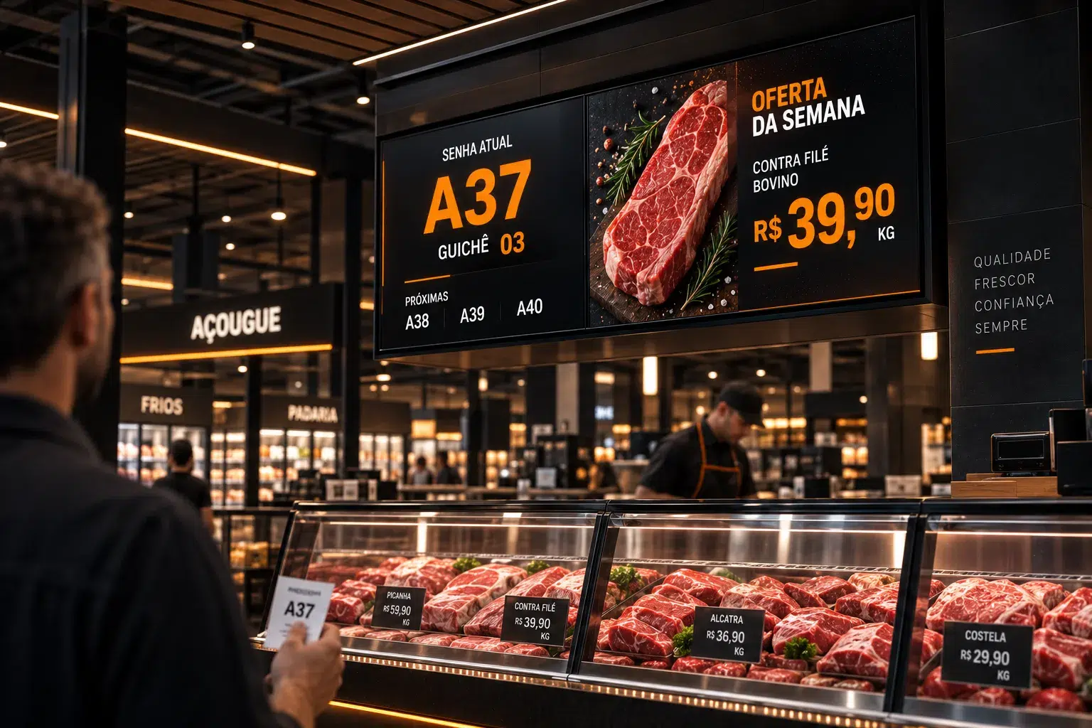 Painel de chamada de senha no açougue exibindo a senha atual ao lado de uma oferta