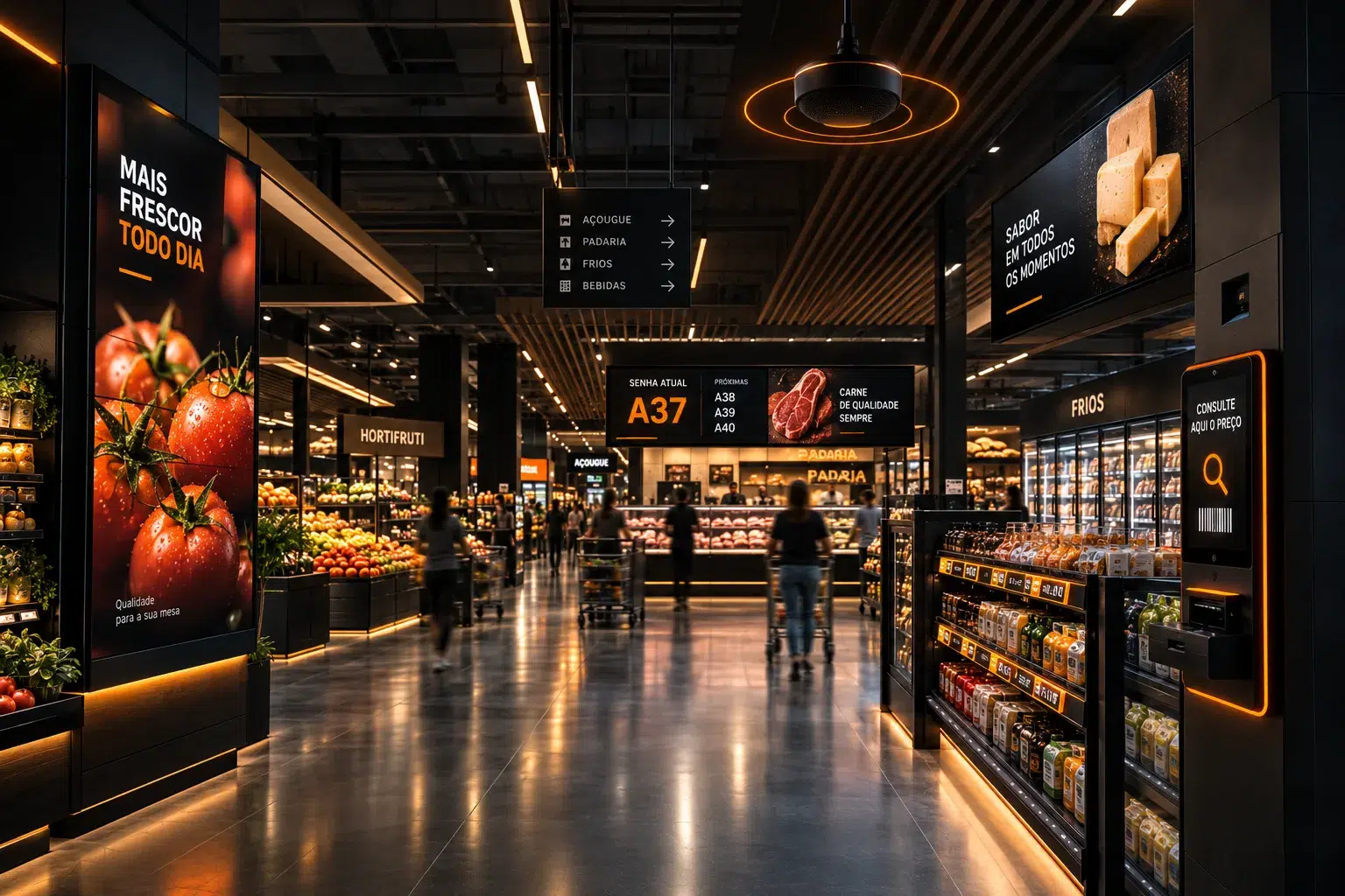 Ambiente de loja de supermercado conectado, com várias telas digitais